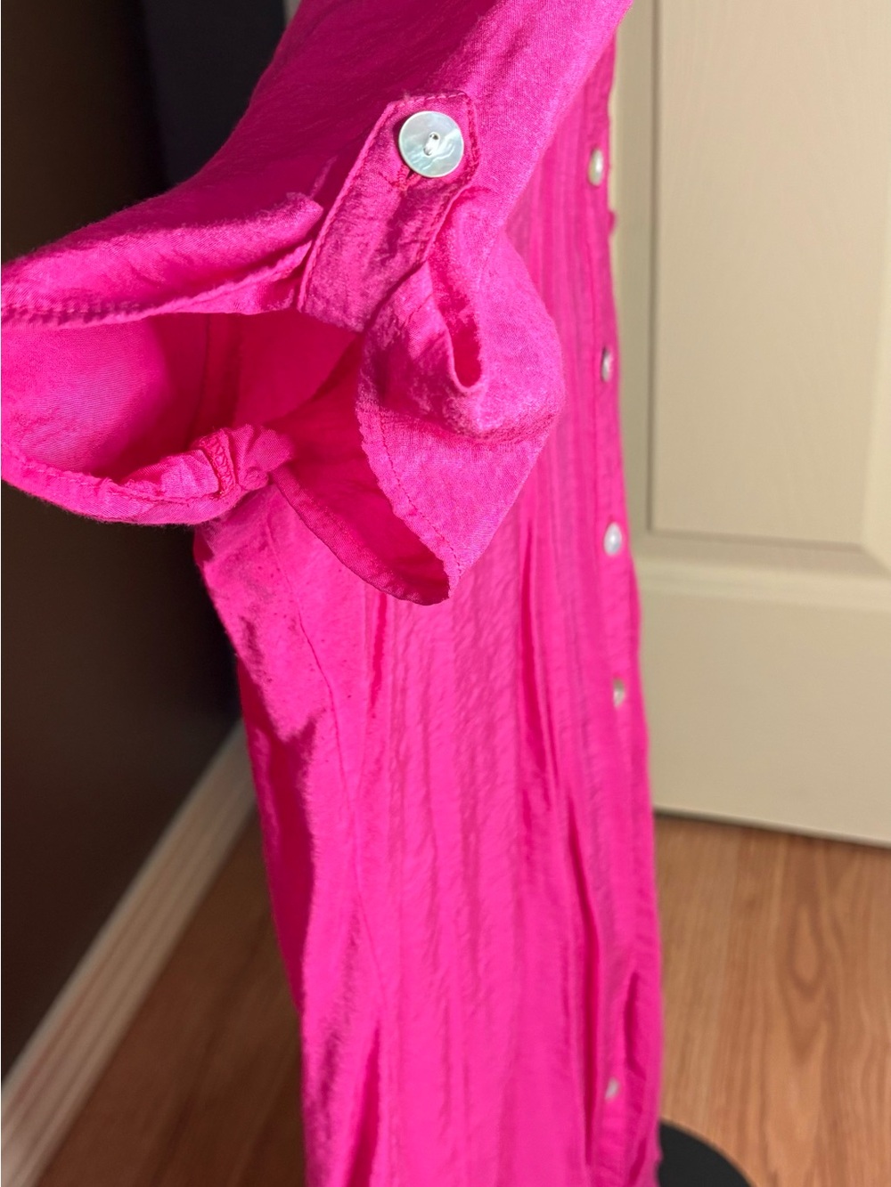 dressbarn Hot Pink Button-Front Short Sleeve Blouse - Picture 4 of 5